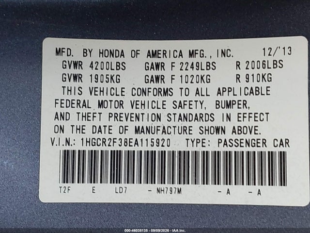 Honda ACCORD LX 2014 1HGCR2F38EA115920 Image 9