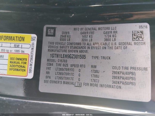 2016 Gmc Sierra 1500 მანქანა იყიდება აუქციონზე, vin: 1GTN1LEH9GZ301505, აუქციონის ნომერი: 46038137