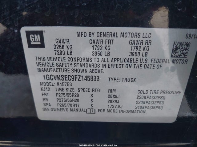 Aukcja sprzedaży 2015 Chevrolet Silverado 1500 2lz, vin: 1GCVKSEC9FZ145833, numer aukcji: 46038140