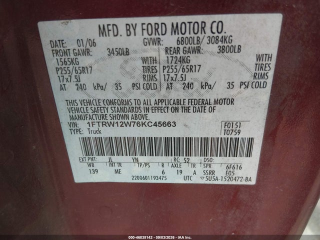 Aukcja sprzedaży 2006 Ford F-150 Xlt, vin: 1FTRW12W76KC45663, numer aukcji: 46038142