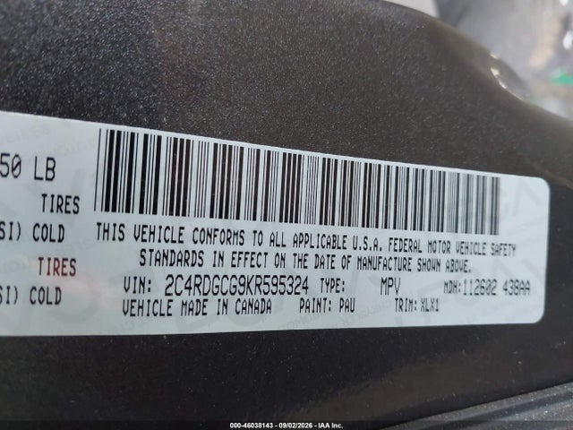 2C4RDGCG9KR595324 Dodge Grand Caravan Sxt