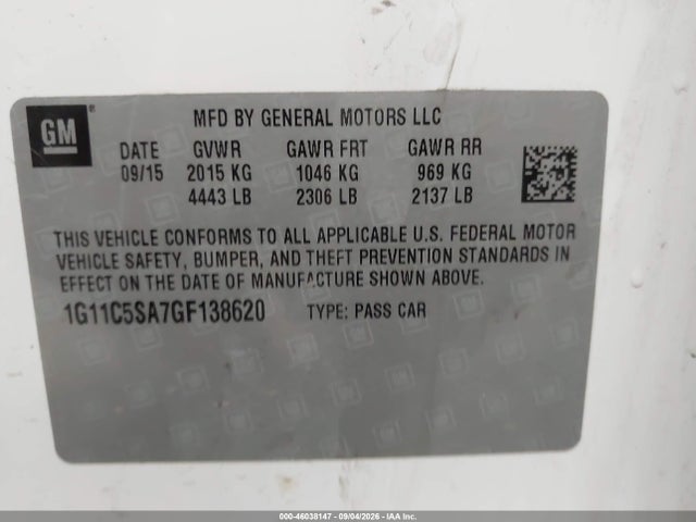 46038147 :رقم المزاد ، 1G11C5SA7GF138620 vin ، 2016 Chevrolet Malibu Limited Lt مزاد بيع