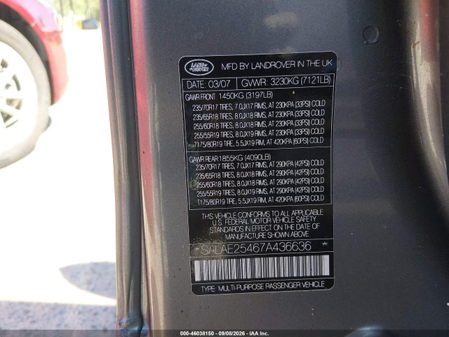 46038150 :رقم المزاد ، SALAE25467A436636 vin ، 2007 Land Rover Lr3 V8 Se مزاد بيع