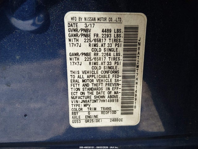 2017 Nissan Rogue Sv მანქანა იყიდება აუქციონზე, vin: JN8AT2MT7HW149918, აუქციონის ნომერი: 46038151