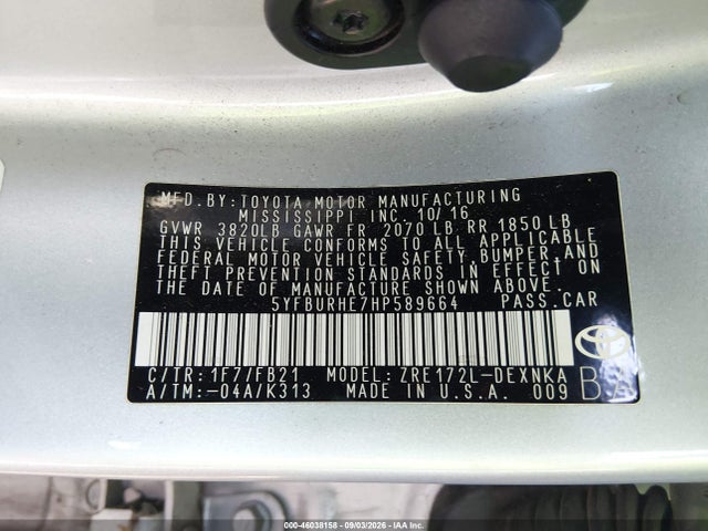 5YFBURHE7HP589664 Toyota COROLLA LE