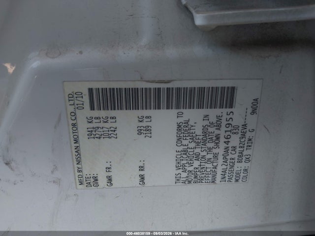 Aukcja sprzedaży 2010 Nissan Altima 2.5 S, vin: 1N4AL2AP0AN461955, numer aukcji: 46038159