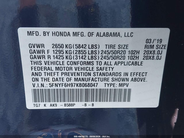 Продажа на аукционе авто 2019 Honda Pilot Touring, vin: 5FNYF6H97KB068047, номер лота: 46038175