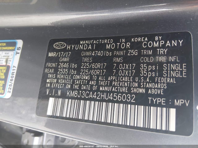 Aukcja sprzedaży 2017 Hyundai Tucson Se, vin: KM8J3CA42HU456032, numer aukcji: 46038187
