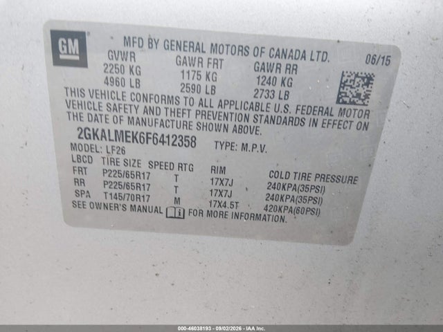 Aukcja sprzedaży 2015 Gmc Terrain Sle-1, vin: 2GKALMEK6F6412358, numer aukcji: 46038193