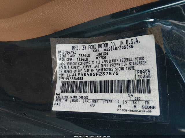 46038194 :رقم المزاد ، 1FALP4048SF237876 vin ، 1995 Ford Mustang مزاد بيع
