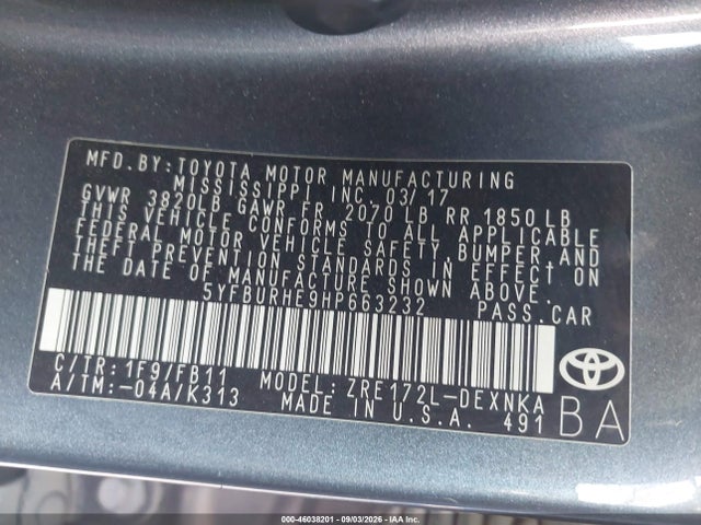 Toyota COROLLA LE 2017 5YFBURHE9HP663232 Image 9