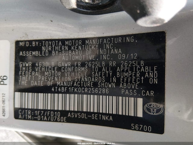46038202 :رقم المزاد ، 4T4BF1FK0CR256286 vin ، 2012 Toyota Camry Le مزاد بيع
