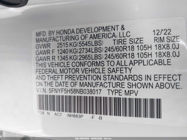 Aukcja sprzedaży 2022 Honda Pilot 2wd Ex-l, vin: 5FNYF5H58NB038017, numer aukcji: 46038208