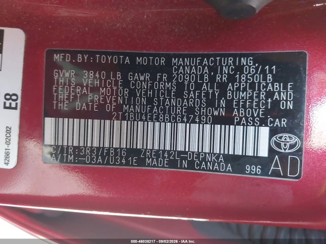 2011 Toyota Corolla S/le მანქანა იყიდება აუქციონზე, vin: 2T1BU4EE8BC647490, აუქციონის ნომერი: 46038217