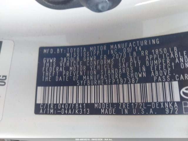 5YFBURHE1FP197387 Toyota COROLLA LE