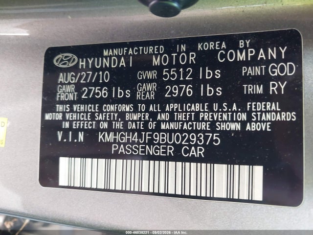 Aukcja sprzedaży 2011 Hyundai Equus Signature, vin: KMHGH4JF9BU029375, numer aukcji: 46038221