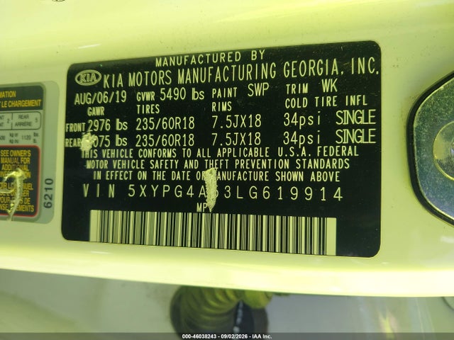 5XYPG4A53LG619914 KIA Sorento 3.3l Lx