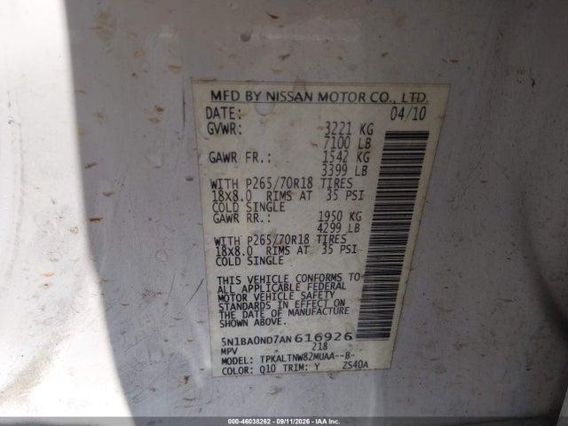 Продаж на аукціоні авто 2010 Nissan Armada Se, vin: 5N1BA0ND7AN616926, номер лоту: 46038262