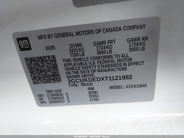 46038267 :رقم المزاد ، 2GCUKDEDXT1121982 vin ، 2026 Chevrolet Silverado 1500 4wd  Standard Bed Lt مزاد بيع