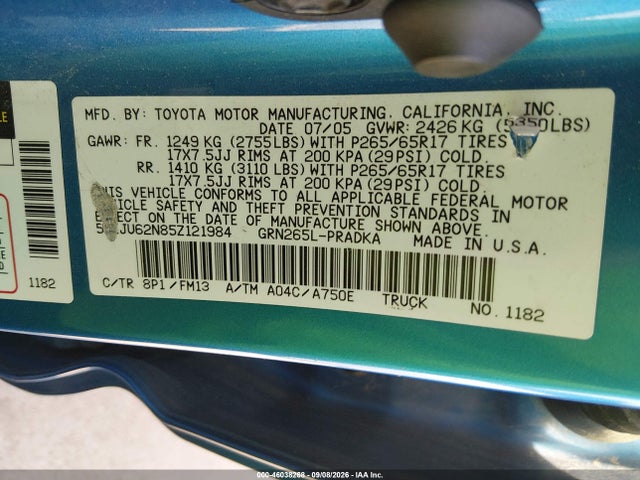 2005 Toyota Tacoma Prerunner V6 მანქანა იყიდება აუქციონზე, vin: 5TEJU62N85Z121984, აუქციონის ნომერი: 46038268