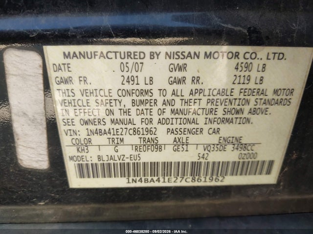 46038280 :رقم المزاد ، 1N4BA41E27C861962 vin ، 2007 Nissan Maxima 3.5 Se مزاد بيع
