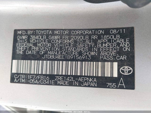 46038290 :رقم المزاد ، JTDBU4EE1B9156913 vin ، 2011 Toyota Corolla Le مزاد بيع