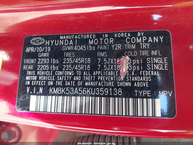 Aukcja sprzedaży 2019 Hyundai Kona Ultimate, vin: KM8K53A56KU359138, numer aukcji: 46038291