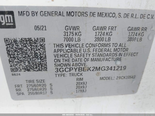 2021 Chevrolet Silverado 1500 4wd  Short Bed Custom მანქანა იყიდება აუქციონზე, vin: 3GCPYBEK2MG341219, აუქციონის ნომერი: 46038292