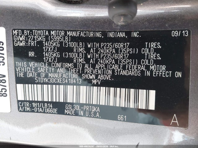 5TDYK3DCXES418413 Toyota Sienna Xle V6 7 Passenger Auto Access Seat/xle V6 8 Passenger
