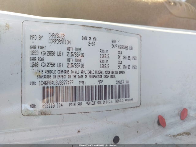1997 Chrysler Town & Country Lxi მანქანა იყიდება აუქციონზე, vin: 1C4GP64L8VB377477, აუქციონის ნომერი: 46038305