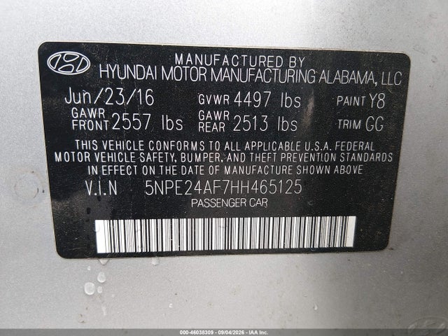 2017 Hyundai Sonata მანქანა იყიდება აუქციონზე, vin: 5NPE24AF7HH465125, აუქციონის ნომერი: 46038309