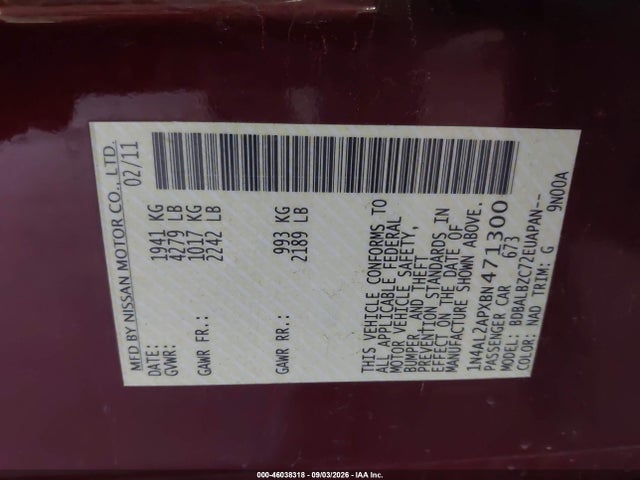 46038318 :رقم المزاد ، 1N4AL2APXBN471300 vin ، 2011 Nissan Altima 2.5 S مزاد بيع