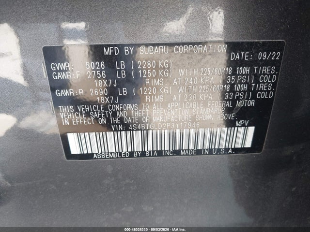 Aukcja sprzedaży 2023 Subaru Outback Onyx Edition Xt, vin: 4S4BTGLD2P3117946, numer aukcji: 46038330
