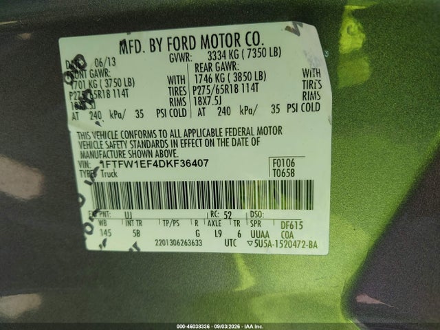 Продаж на аукціоні авто 2013 Ford F-150 Fx4, vin: 1FTFW1EF4DKF36407, номер лоту: 46038336