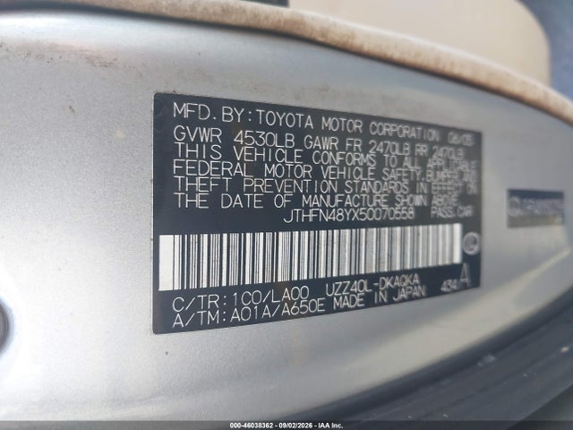 46038362 :رقم المزاد ، JTHFN48YX50070558 vin ، 2005 Lexus Sc 430 مزاد بيع