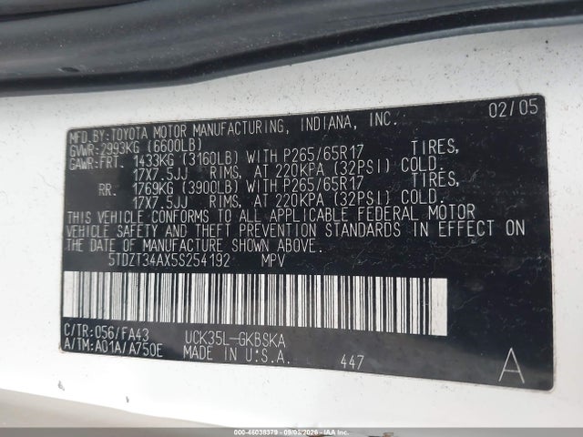 Aukcja sprzedaży 2005 Toyota Sequoia Sr5 V8, vin: 5TDZT34AX5S254192, numer aukcji: 46038379