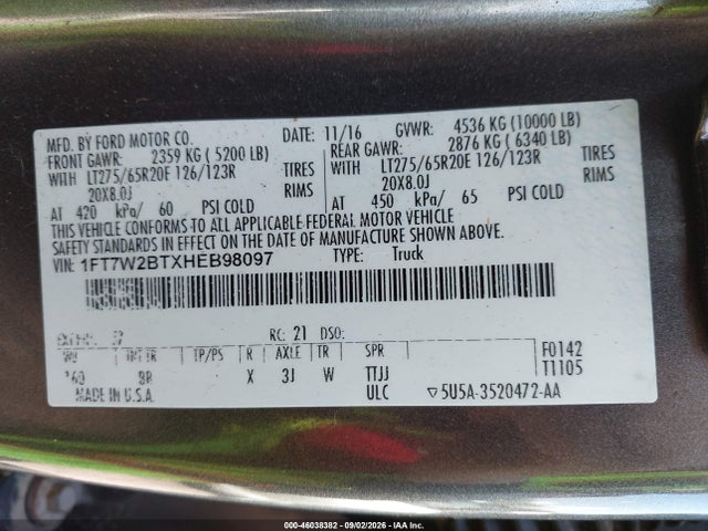 Продаж на аукціоні авто 2017 Ford F-250 Platinum, vin: 1FT7W2BTXHEB98097, номер лоту: 46038382