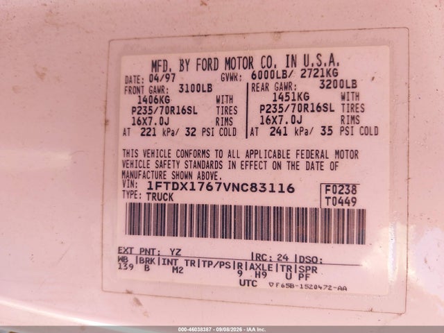1997 Ford F-150 Standard Lariat/standard/xl/xlt მანქანა იყიდება აუქციონზე, vin: 1FTDX1767VNC83116, აუქციონის ნომერი: 46038387
