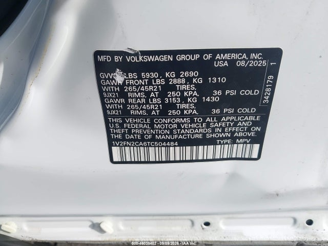 Продажа на аукционе авто 2026 Volkswagen Atlas Sel Premium R-line, vin: 1V2FN2CA6TC504484, номер лота: 46038402