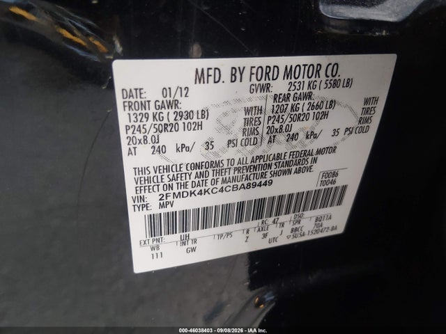 Aukcja sprzedaży 2012 Ford Edge Limited, vin: 2FMDK4KC4CBA89449, numer aukcji: 46038403