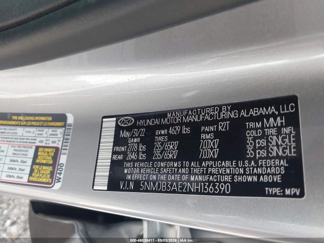 Продаж на аукціоні авто 2022 Hyundai Tucson Sel, vin: 5NMJB3AE2NH136390, номер лоту: 46038411