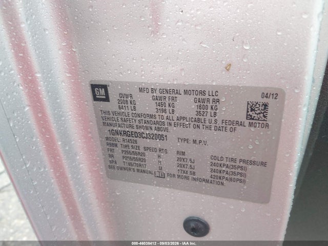Aukcja sprzedaży 2012 Chevrolet Traverse 1lt, vin: 1GNKRGED3CJ320051, numer aukcji: 46038412