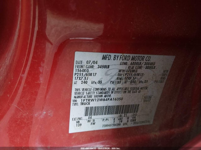 Продаж на аукціоні авто 2004 Ford F-150 Xlt, vin: 1FTRW12W64FA16350, номер лоту: 46038415