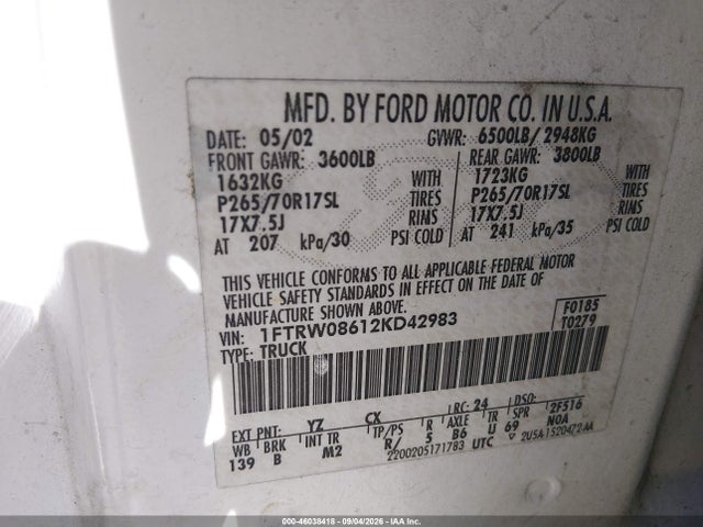 Aukcja sprzedaży 2002 Ford F-150 Lariat/xlt, vin: 1FTRW08612KD42983, numer aukcji: 46038418