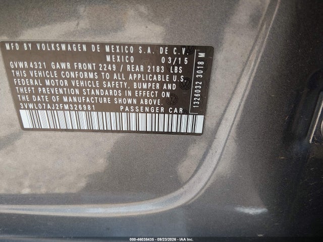 46038435 :رقم المزاد ، 3VWL07AJ2FM326981 vin ، 2015 Volkswagen Jetta 1.8t Sel مزاد بيع