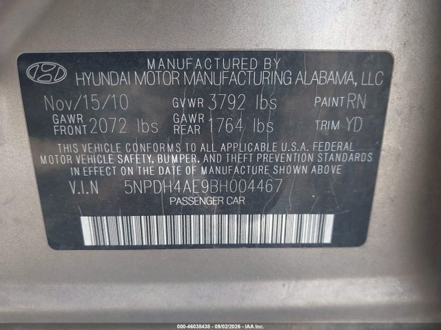 Продажа на аукционе авто 2011 Hyundai Elantra Gls, vin: 5NPDH4AE9BH004467, номер лота: 46038438
