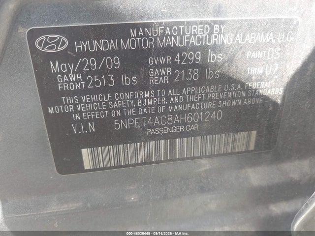 2010 Hyundai Sonata Gls მანქანა იყიდება აუქციონზე, vin: 5NPET4AC8AH601240, აუქციონის ნომერი: 46038445