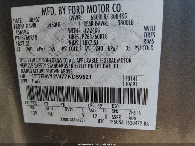46038448 :رقم المزاد ، 1FTRW12W77KD59521 vin ، 2007 Ford F-150 Xlt مزاد بيع