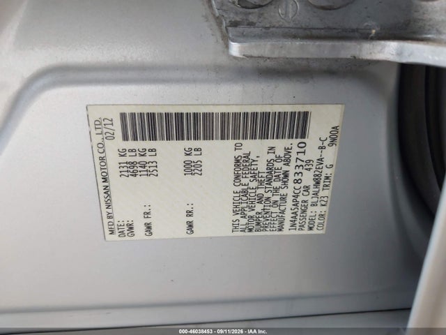 Aukcja sprzedaży 2012 Nissan Maxima 3.5 Sv, vin: 1N4AA5AP4CC833710, numer aukcji: 46038453