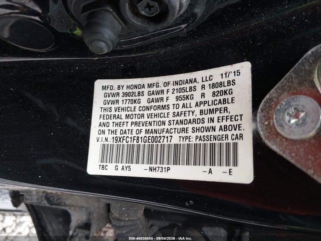 Продаж на аукціоні авто 2016 Honda Civic Ex-l, vin: 19XFC1F81GE002717, номер лоту: 46038455